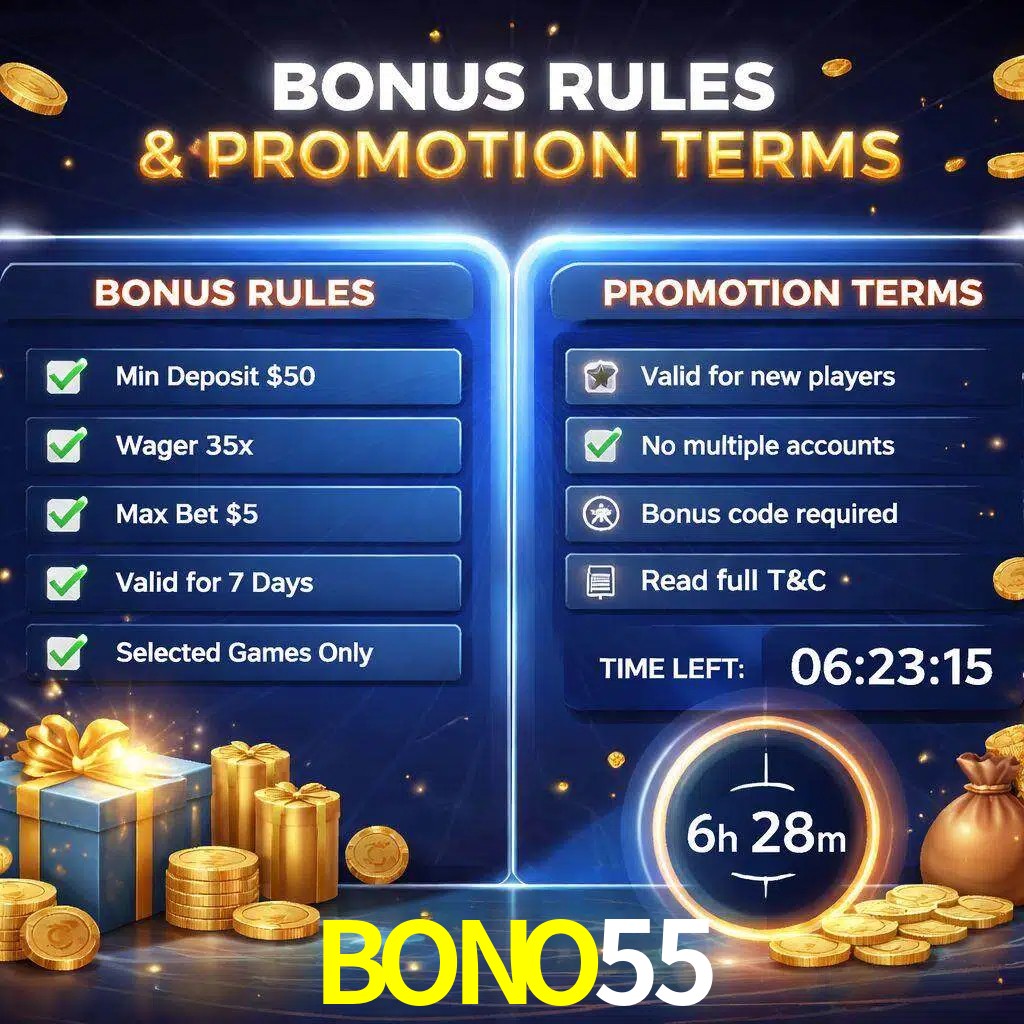 Reglas de promoción BONO55 y condiciones de bonos explicadas visualmente