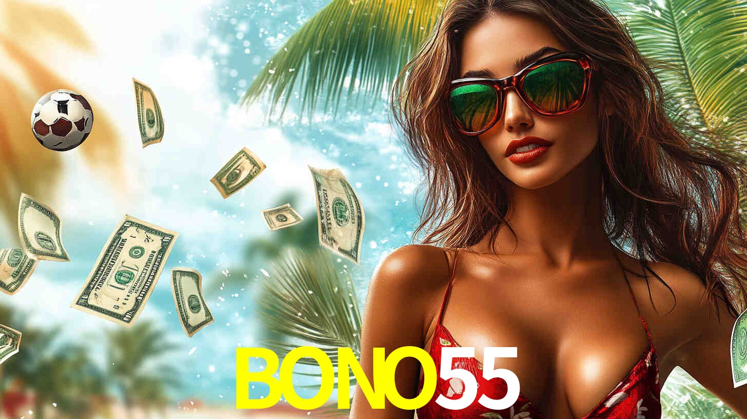 Escena dinámica inspirada en casino con iluminación BONO55, cartas, fichas e íconos de juegos digitales en un espacio moderno de juegos.
