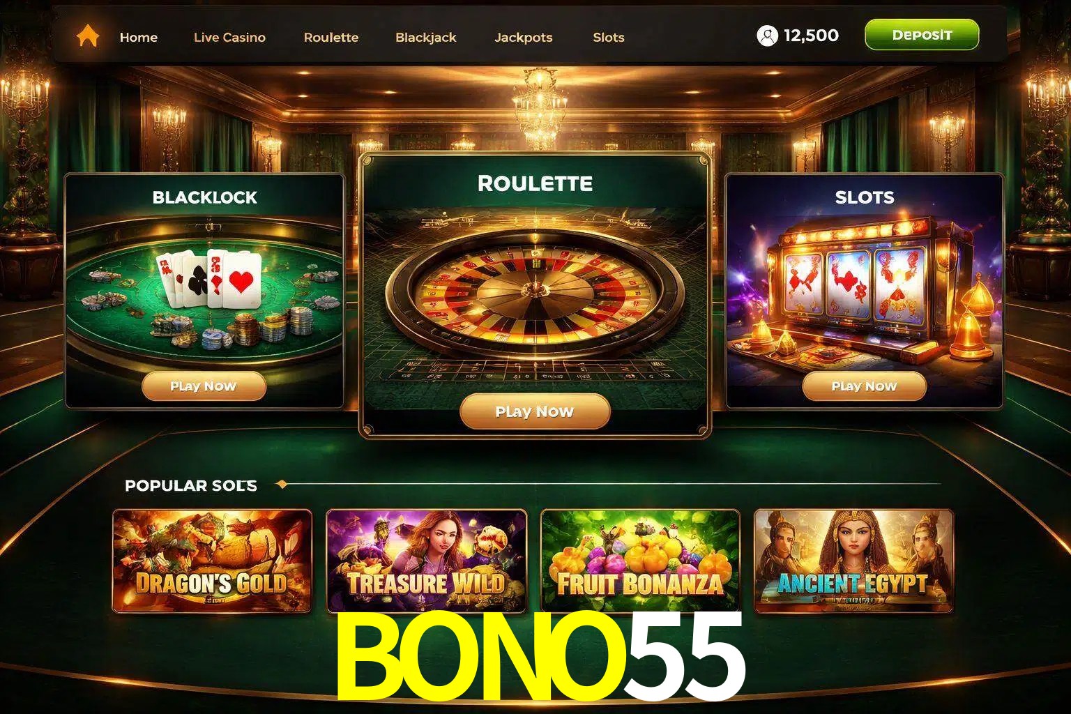 Vista de la plataforma BONO55 Casino mostrando categorías organizadas de juegos en línea